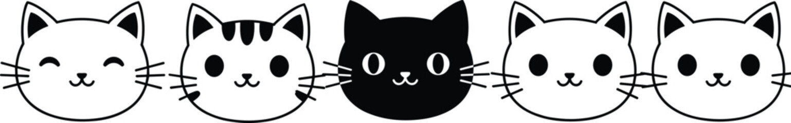 Cute kawaii cat face icons, black and white cartoon kitty heads, pet doodle illustration for kids, stickers