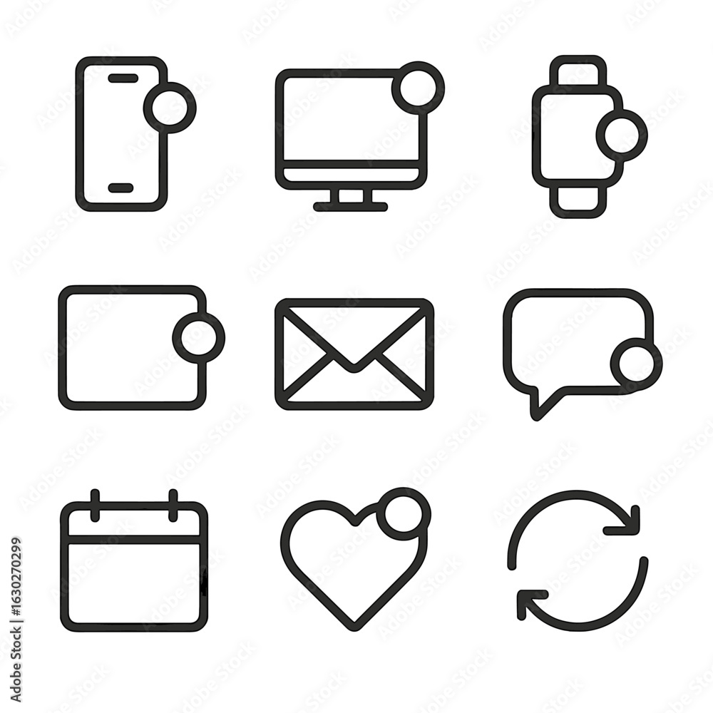 Poster notification device icons. outline icon set of notification sources: mobile phone, computer monitor,