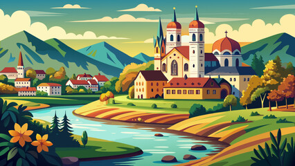 Naklejka premium A summer view of Munich glows near St. Maximilian Church, where sunlight touches red rooftops. The Isar flows beside green trees, creating a peaceful semi-realistic vector with vibrant textures.