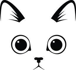 Cute wide-eyed cat face, minimalist vector drawing, cartoon pet illustration, big round eyes, expressive ears, modern black and white art