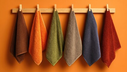 Colorful towels hanging on a wooden rod (1)