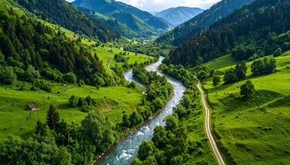 Fototapeta premium aerial view of winding river through lush green valley