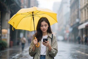 Woman Using Smartphone Under Bright Yellow Umbrella on Rainy City Street
