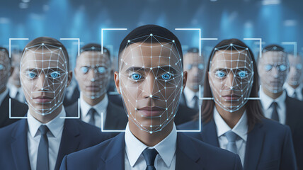 Facial Recognition: A modern office setting where individuals are seen in the process of face recognition through the utilization of intricate grids and futuristic scanning tools.