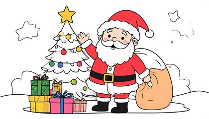 Obraz premium Cheerful Santa Claus waves near a decorated Christmas tree and gifts