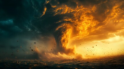 Dramatic waterspout creates a powerful disaster background. Turbulent ocean meets ominous storm clouds in a stunning display of nature's force. Perfect for illustrating weather themes.
