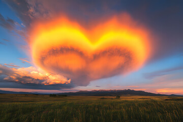 a heart shaped cloud in the sky over a field