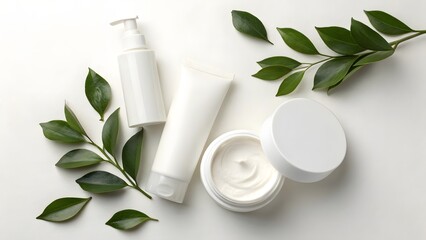 Natural skincare products with green leaves on white background