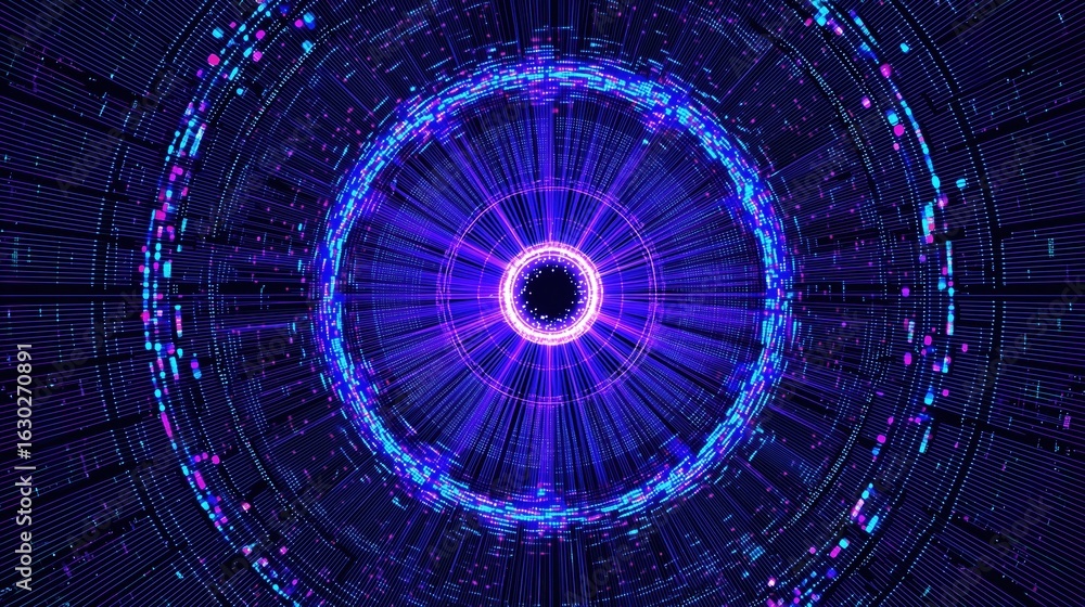 Aufkleber abstract futuristic circular pattern with glowing blue and purple dots on black background, centered