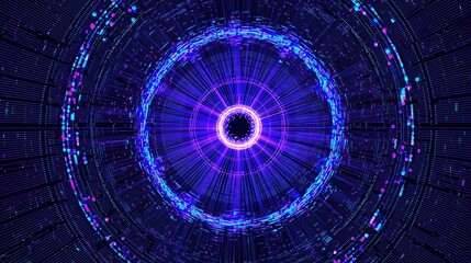 Abstract futuristic circular pattern with glowing blue and purple dots on black background, centered empty circle light effect surrounded by radiating lines, digital art style in sci-fi cyberspace con