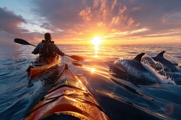 Kayaker enjoys sunset paddle with dolphins in calm ocean waters near the coast