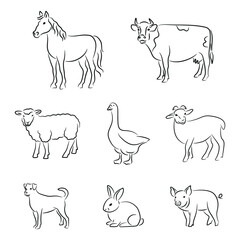 Set of farm animals in line art style including horse, cow, sheep, goat, goose, pig, rabbit, and dog, vector illustration