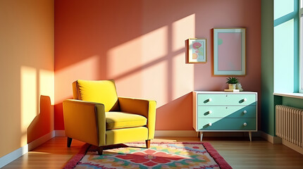Brightly lit room with yellow armchair and coral walls featuring sunlit patterns interior