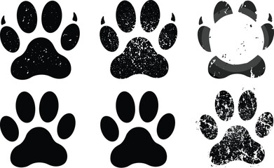 Grunge and clean dog paw print icon set, textured pet footprint vectors, black distressed animal track design, vintage logo elements