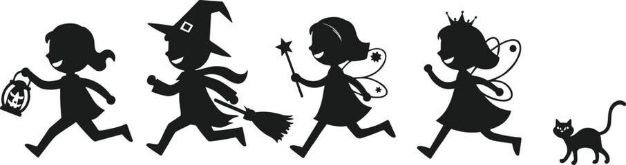 Halloween children silhouettes, witch costume, fairy princess, magic wand, trick or treating, running kids, spooky night, cartoon black cat