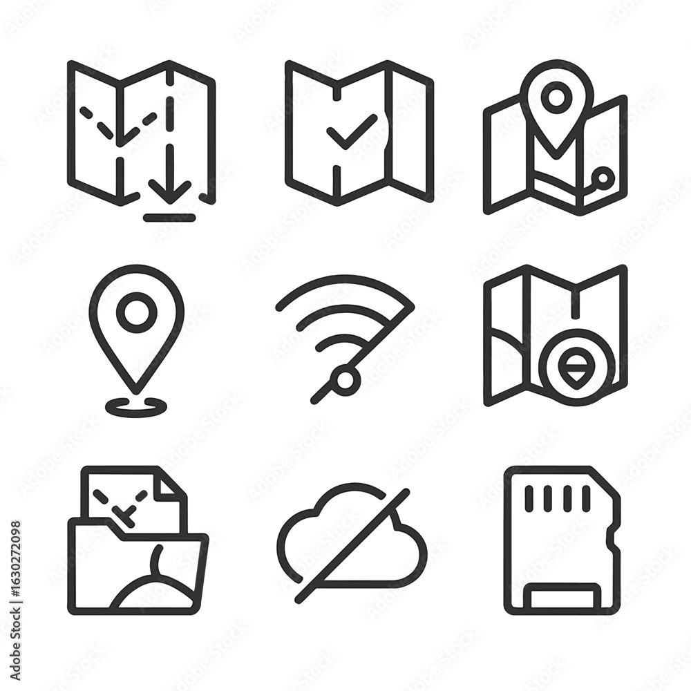 Poster offline map icon set. outline icon set of offline map tools: download map, saved area, offline pin, 