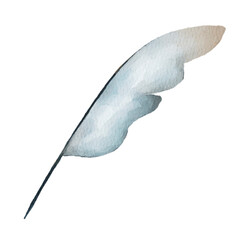 Watercolor illustration of a delicate Victorian-style quill in soft bluish-gray tones isolated on white. Ideal for romantic stationery, or vintage writing-themed designs.