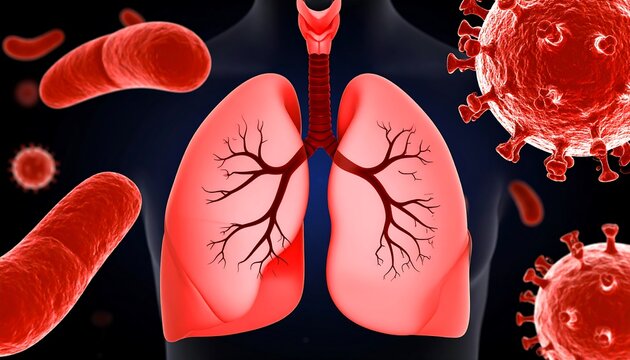 3D rendering of lungs surrounded by viruses and bacteria