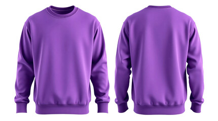 Purple sweatshirt in front and back view, mockup isolated on transparent background