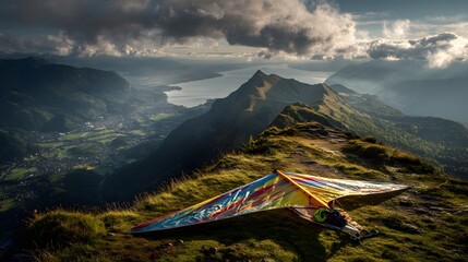 Hang glider rests on mountain peak overlooking lake and valley at sunset
