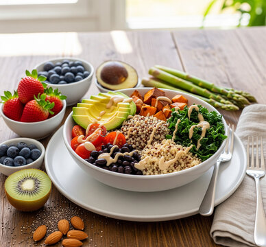 Tigela nutritiva com frutas, legumes e quinoa em mesa de madeira
Nutritious bowl with fruits, vegetables and quinoa on wooden table
