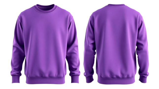 Purple sweatshirt in front and back view, mockup isolated on transparent background