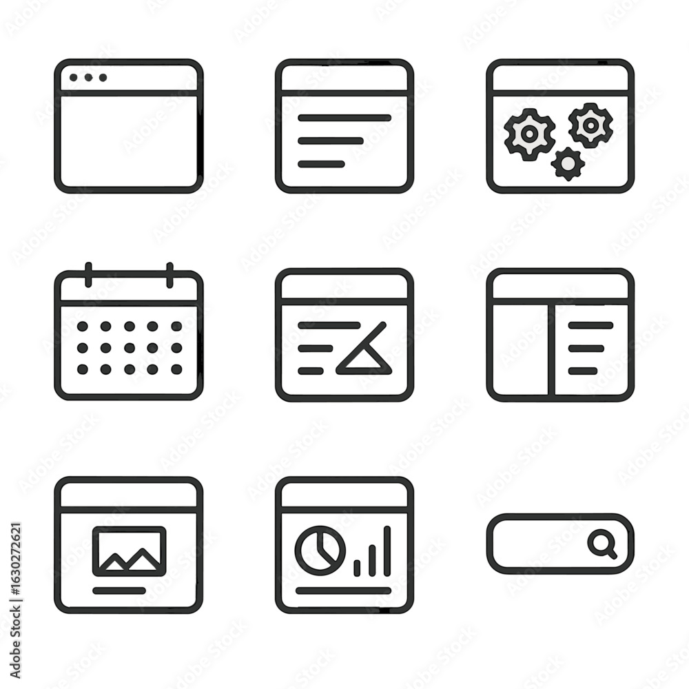 Poster open app icon set. outline icon set of open apps and interfaces: open browser tab, open menu, open s