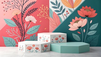 Floral pedestals with botanical background