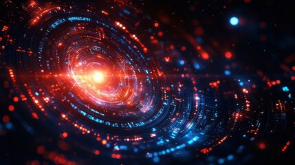 Obraz premium Abstract swirling rings of light, red and blue, on dark background