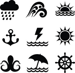 Vector Set of Marine and Weather Icons Featuring Sun, Rain, Waves, Anchor, Lightning, and Sea Creatures