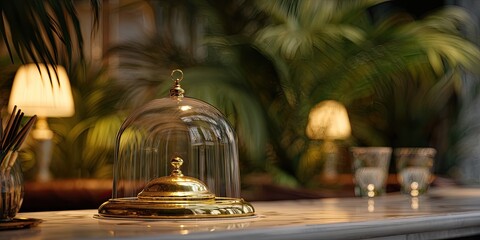 Golden bell cloche on marble countertop,  with blurred tropical plants and lamps in background