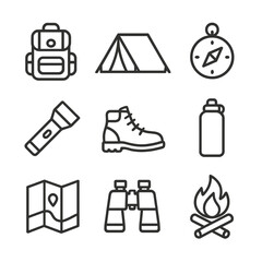 Outdoor Adventure Icons. Outline icon set of outdoor adventure: backpack, tent, compass, flashlight, hiking boots, water bottle,
