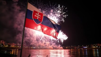 slovakia constitution day. slovakian flag waves against night sky illuminated by vibrant fireworks over river. national celebration and patriotic event. festive atmosphere, cultural pride, patriotism