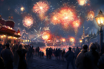 a crowd of people standing around a carnival