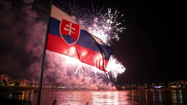 slovakia constitution day. slovakian flag waves against night sky illuminated by vibrant fireworks over river. national celebration and patriotic event. festive atmosphere, cultural pride, patriotism