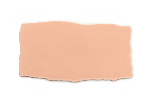 Pale peach rectangular paper fragment with ragged edges forming textured border, lying against transparent backdrop