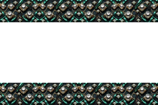 An ornate and luxurious border with a repeating teal gemstone and gold metallic pattern, creating an elegant frame with blank copy space. - Powered by Adobe