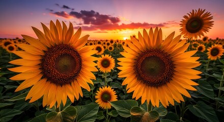 Obraz premium Vibrant sunflowers in a field at sunset. Warm light illuminates the flowers against a colorful sky.