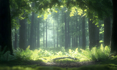Fototapeta premium Sunlit Forest Path with Ferns and Mossy Ground, Leading into a M