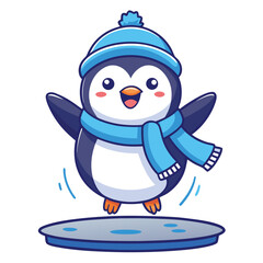 Naklejka premium Adorable chubby baby penguin in blue winter clothes