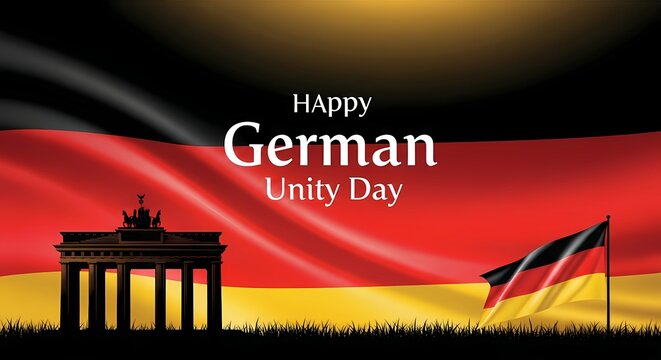 German unity day celebration with flag and brandenburg gate silhouette design for posters and cards