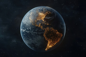 Planet Earth rotating in space showing North and South America at night