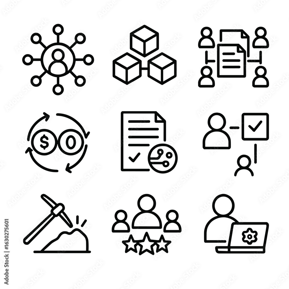 Poster peer-to-peer icon set. outline icon set of peer-to-peer concepts: decentralization, blockchain, dist
