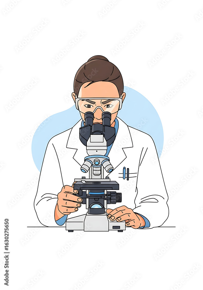 Poster illustration of a scientist working with a microscope in a laboratory setting