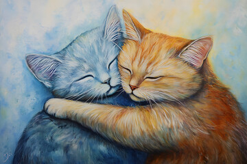 a painting of two cats hugging each other