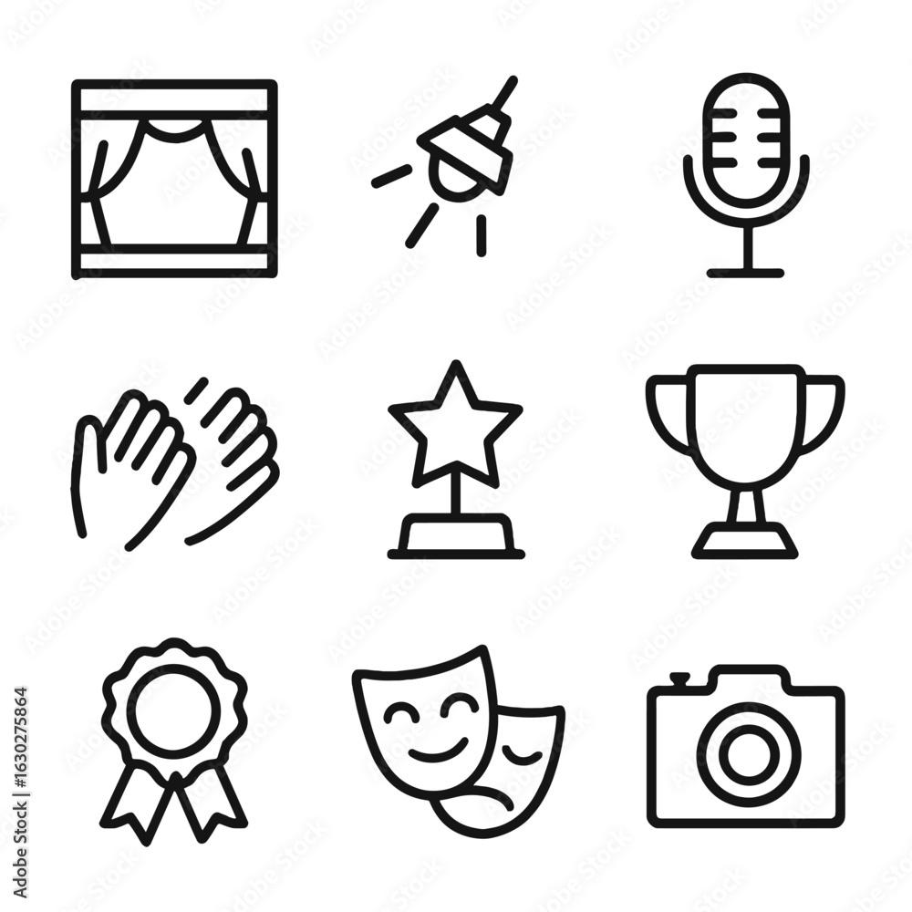 Poster performance icon set. outline icon set of clapping and performance: stage, spotlight, microphone, ap