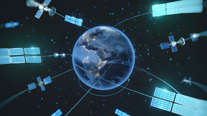 Orbiting Earth: A network of satellites circles the Earth, connected by glowing lines of communication, showcasing the technological marvel of global data exchange.