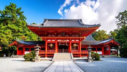 Fototapeta premium Beautiful Japanese Temple with Vibrant Red Architecture and Tranquil Surroundings