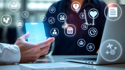 Businessman using his finger to press a digital button on a futuristic touchscreen, symbolizing a connection to the global business network