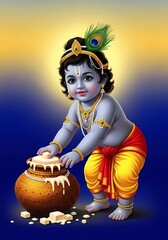 Divine depiction of little Krishna with butter pot - traditional indian art inspired by janmashtami